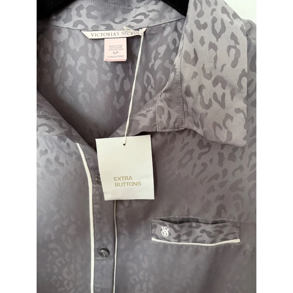 Victoria's Secret Satin Leopard Pajama Set Gray Long Small NWT